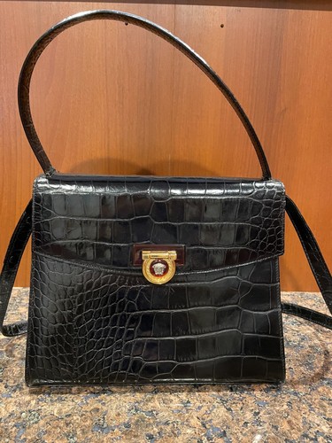 Autentico! Borsa Gianni Versace Vintage Nera Coccodrillo In rilievo