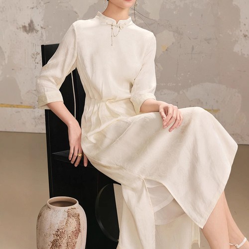 OFF WHITE Abito lungo stile cinese 100% seta donna A Line vita cinto vestito cheongsam