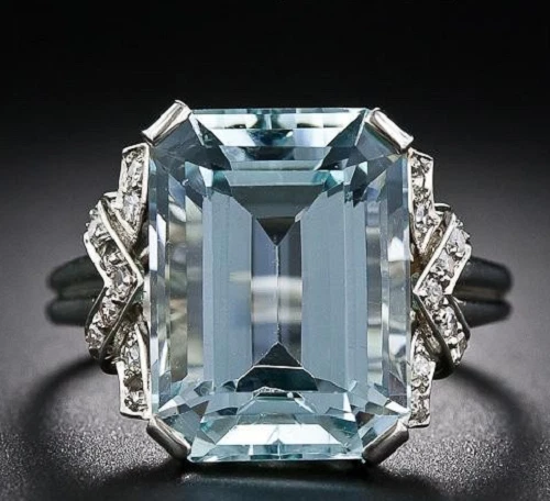 Art Deco 8.00CT Emerald Cut Aquamarine 935 Argentium Silver women's Ring.