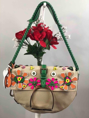 MEDEA Borsa a tracolla LUELLA fiori tela bordi pelle mezza luna intrecciata tracolla
