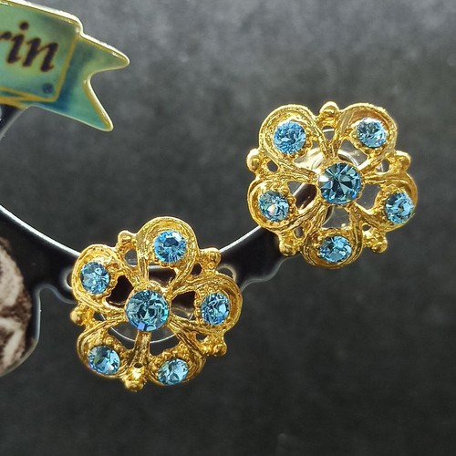 Michal Negrin Flower Earrings Large Post G Plated & Blue Swarovski Crystals