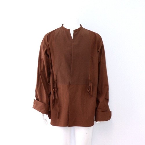 Valentino Brown Waist Belted Cotton Band Collar Tunic Men's Shirt XV0ABJ808EU
