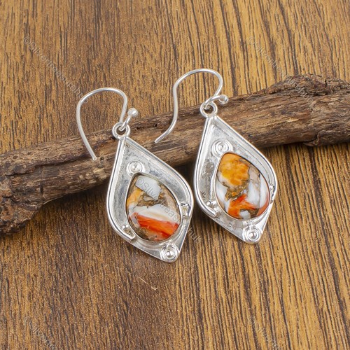 Orange Copper Turquoise Gemstone Bezel Wife Earrings Jewelry 925 Sterling Silver