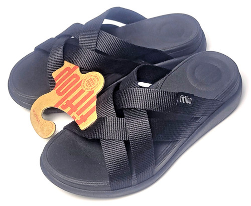 FitFlop Womens F Mode Go Webbing Flatform Strappy Slide All Black 7