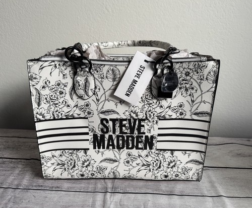 NWT STEVE MADDEN BTRO WHITE FLEU TOTE SHOULDER BAG PURSE FLORAL BLACK PURSE
