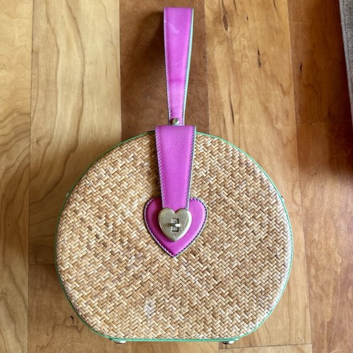 RARO! Borsa stile cappelliera Juicy Couture tessuto paglia vimini rosa verde.Splendida