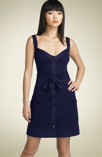 VALENTINO Abito Diane von Furstenberg Sosie Sweetheart con cravatta e bottoni taglia 4 blu navy