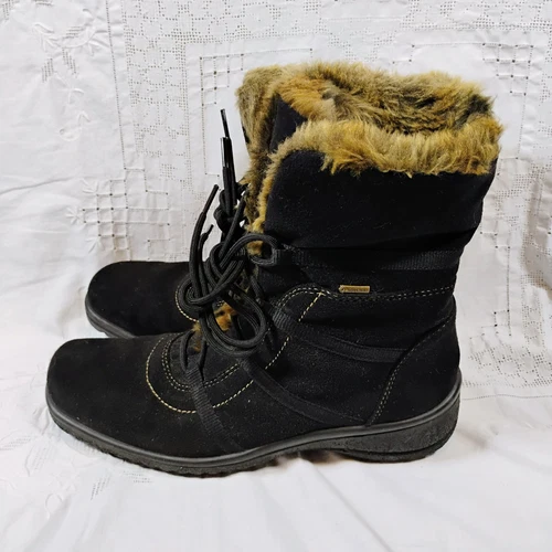 ARA SHOES Ara Women Boots Magaly Gore Tex Black Faux Fur Waterproof Lace Up Size 6 1 2 6.5