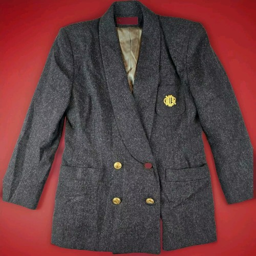 TAGLIA 14 Blazer vintage anni 80 doppiopetto lana CHRISTIAN DIOR emblema raro GRIGIO