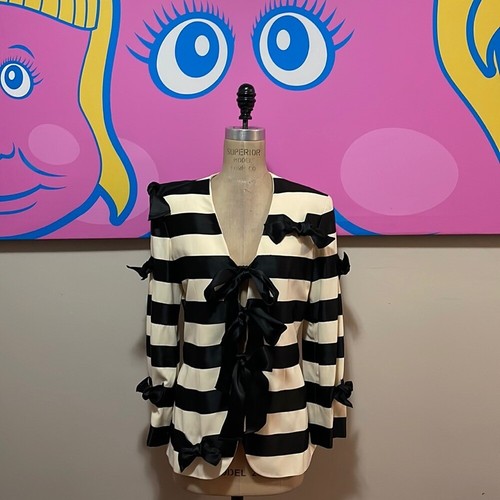 Blazer cravatta fiocco raso Moschino Couture nero avorio a righe