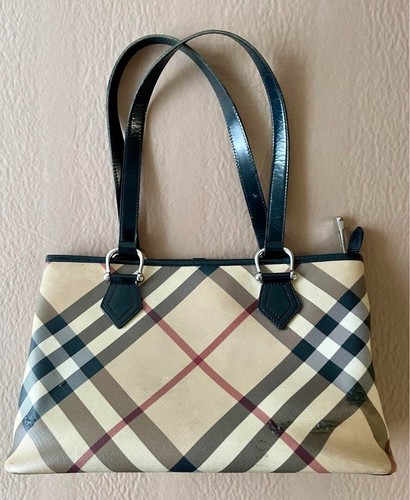 Burberry Tote Bag Borsa a Mano Nova Check Logo Nylon PVC Pelle USATA Autore #S1913