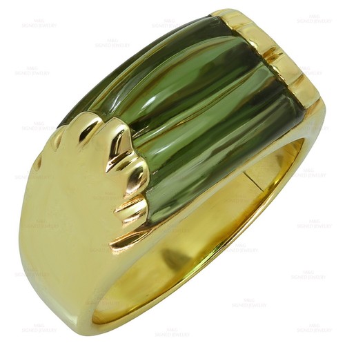 BVLGARI Anello Tronchetto Scanalato Tormalina Oro Giallo 18k 53