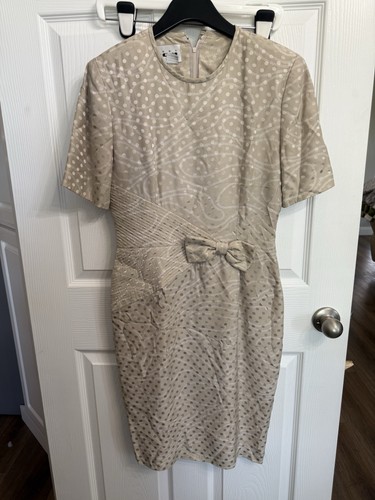 VETEMENTS Abito vintage Albert Nipon 100% seta beige a pois con fiocco made in Korea taglia 6