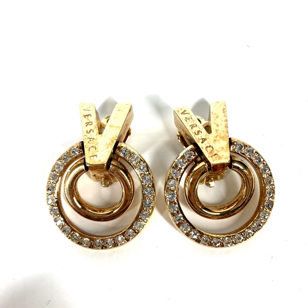 VERSACE Earring metal gold V logo rhinestone Women Used Authentic