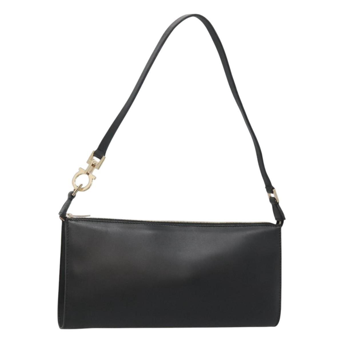 Salvatore Ferragamo Gancini Shoulder Bag Leather Black Gold Auth 123227