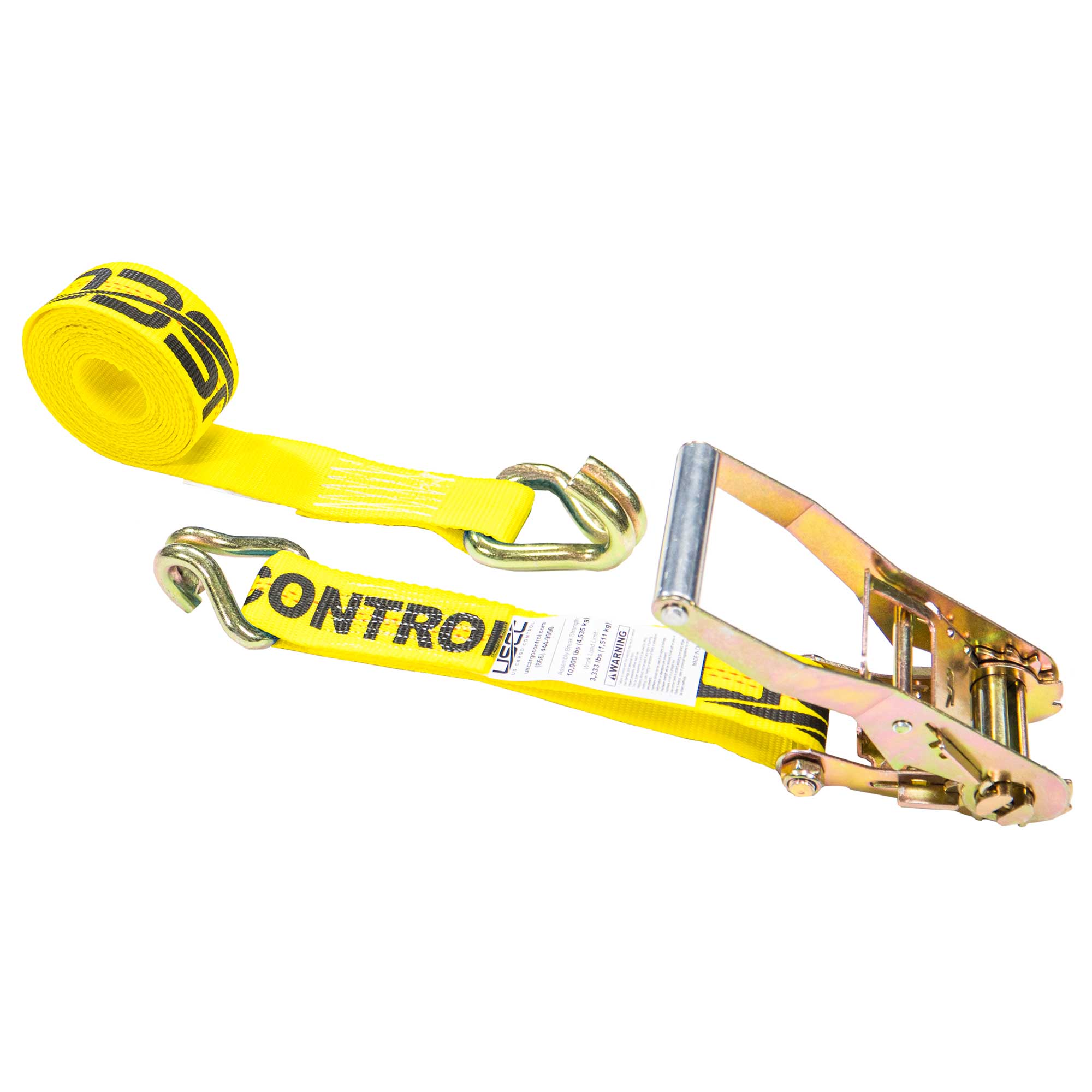 US CARGO CONTROL 2" x 24' Ratchet Strap with Wire / Double J Hooks Yellow