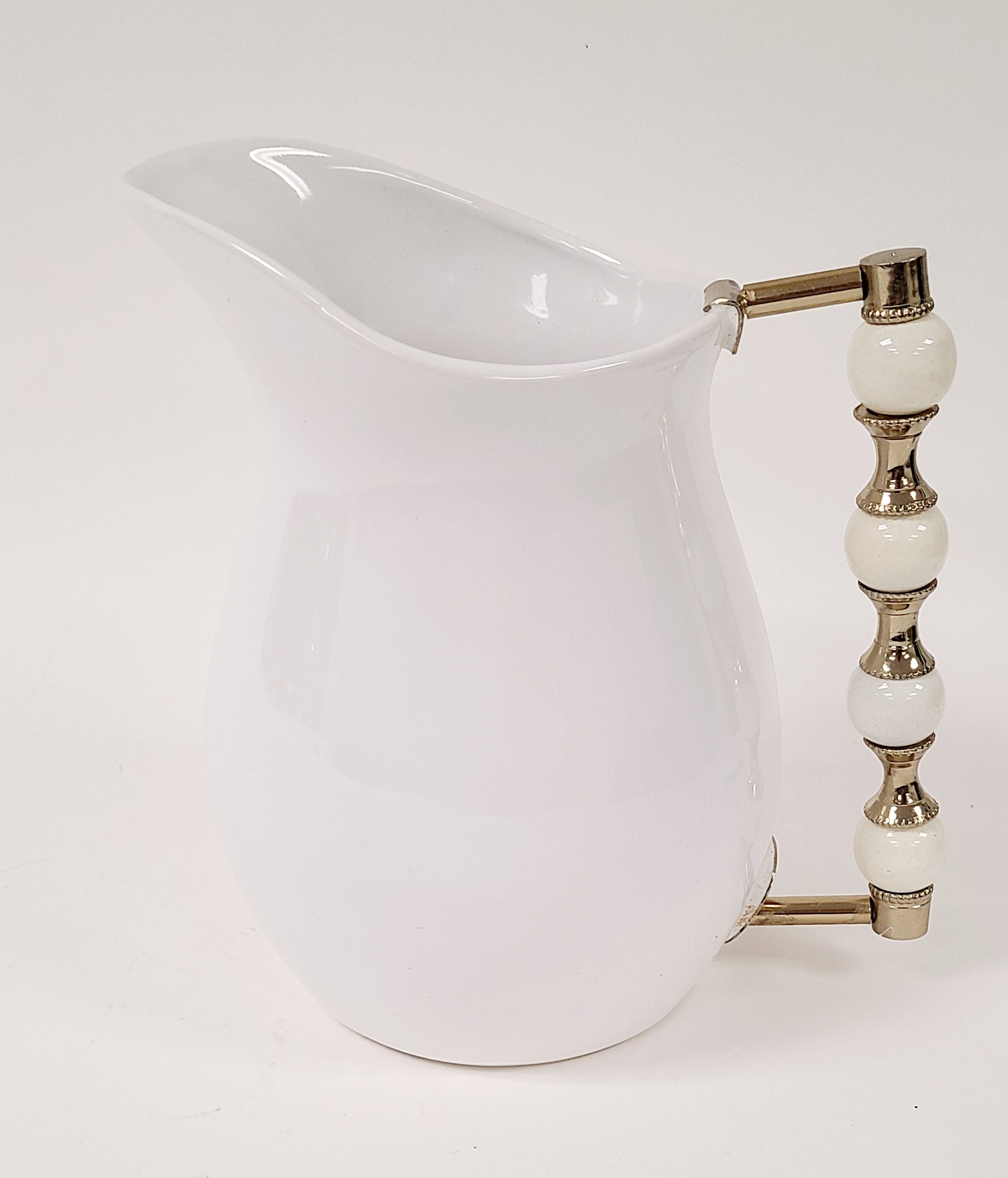 2503 White Pitcher with White and Gold Beaded Handle