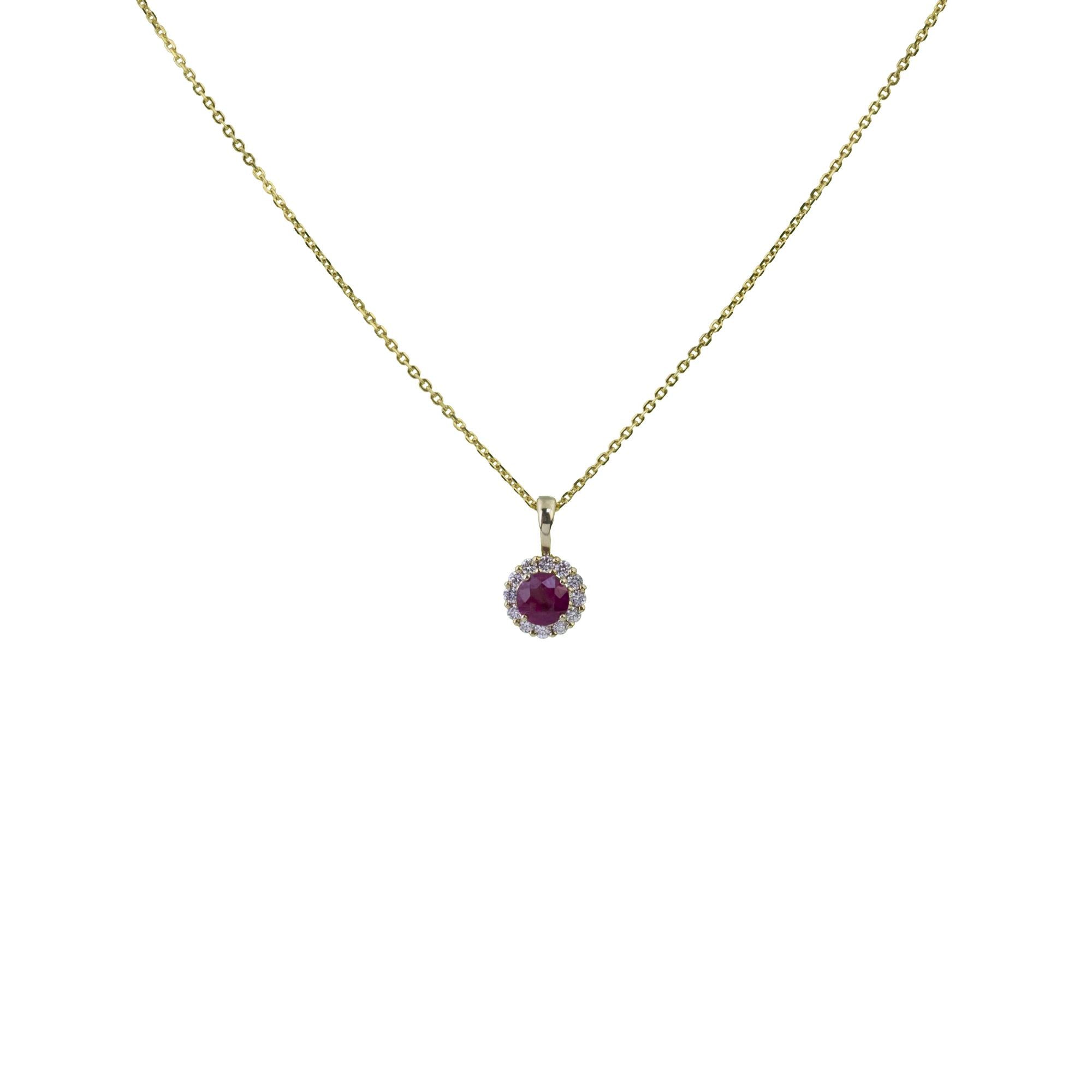 FINNIES THE JEWELLERS 9ct Yellow Gold Round Cut Ruby & Diamond Halo Pendant