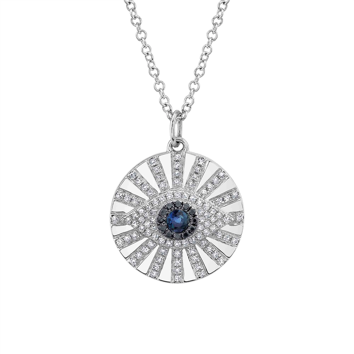 MEIEROTTO JEWELERS 14K White Gold Black and White Diamond and Blue Sapphire Evil Eye Necklace