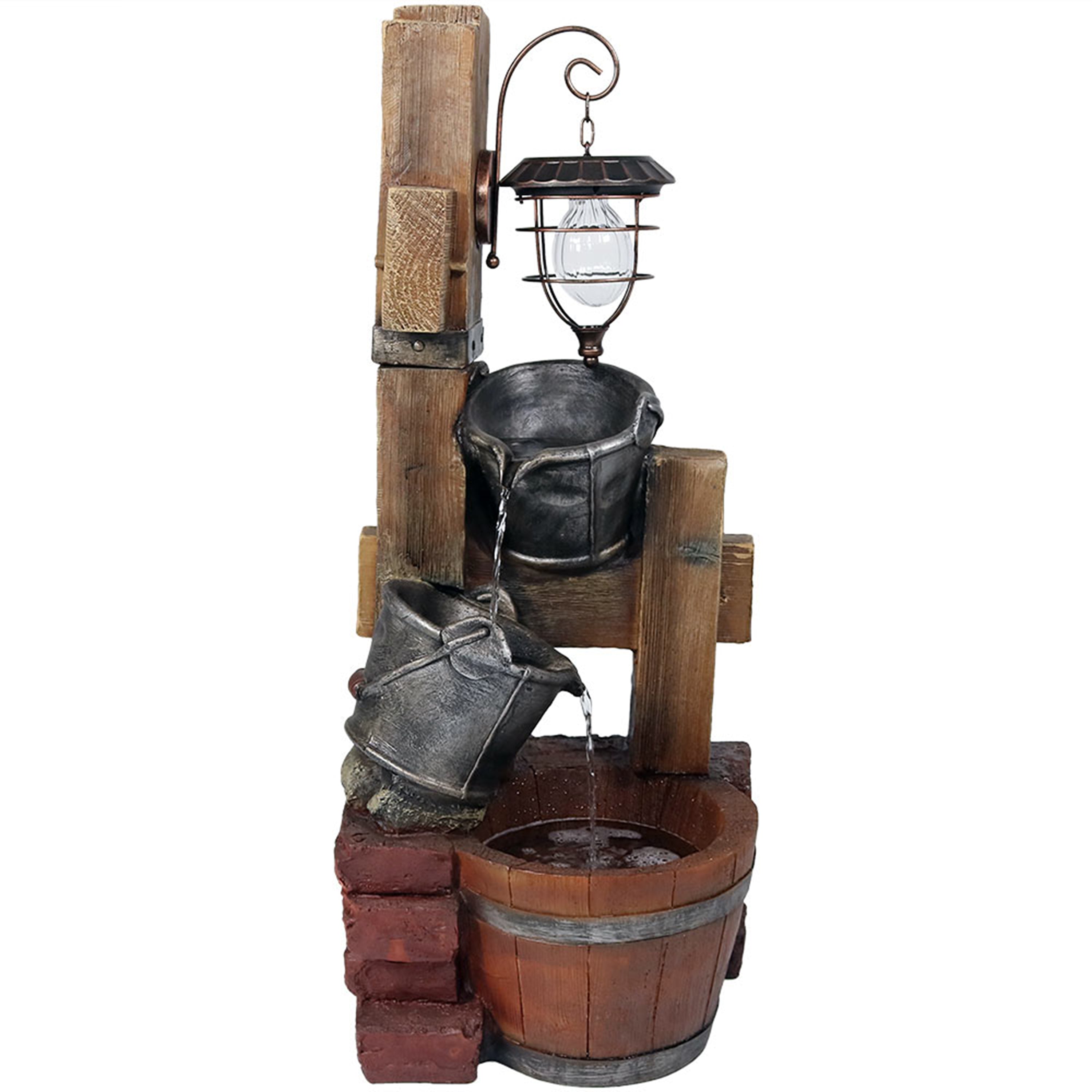 2936 Sunnydaze 34"H Electric Polyresin Rustic Pouring Buckets Outdoor Water Fountain with Solar Lantern