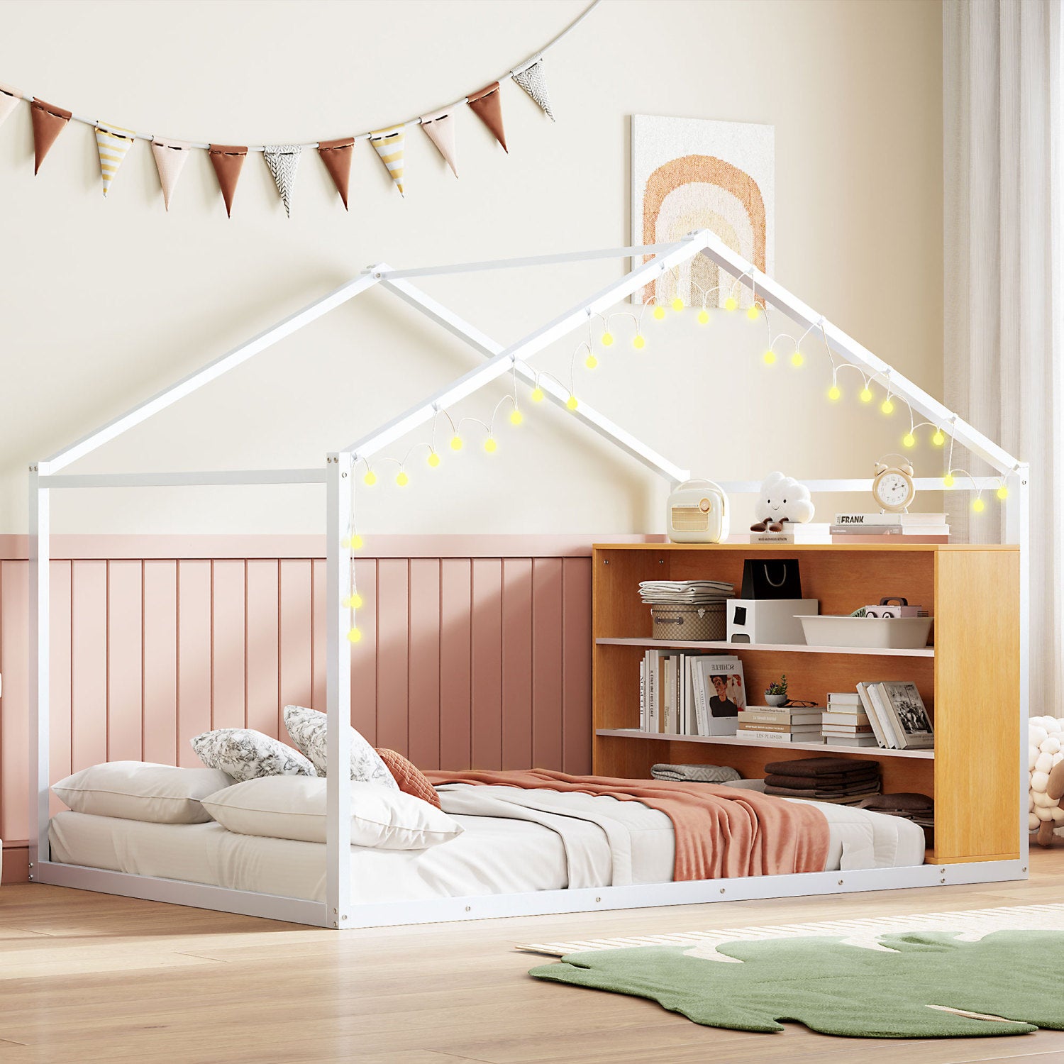 2594 Streamdale Full Size Metal Bed House Bed Frame with Shelves and Lights  White