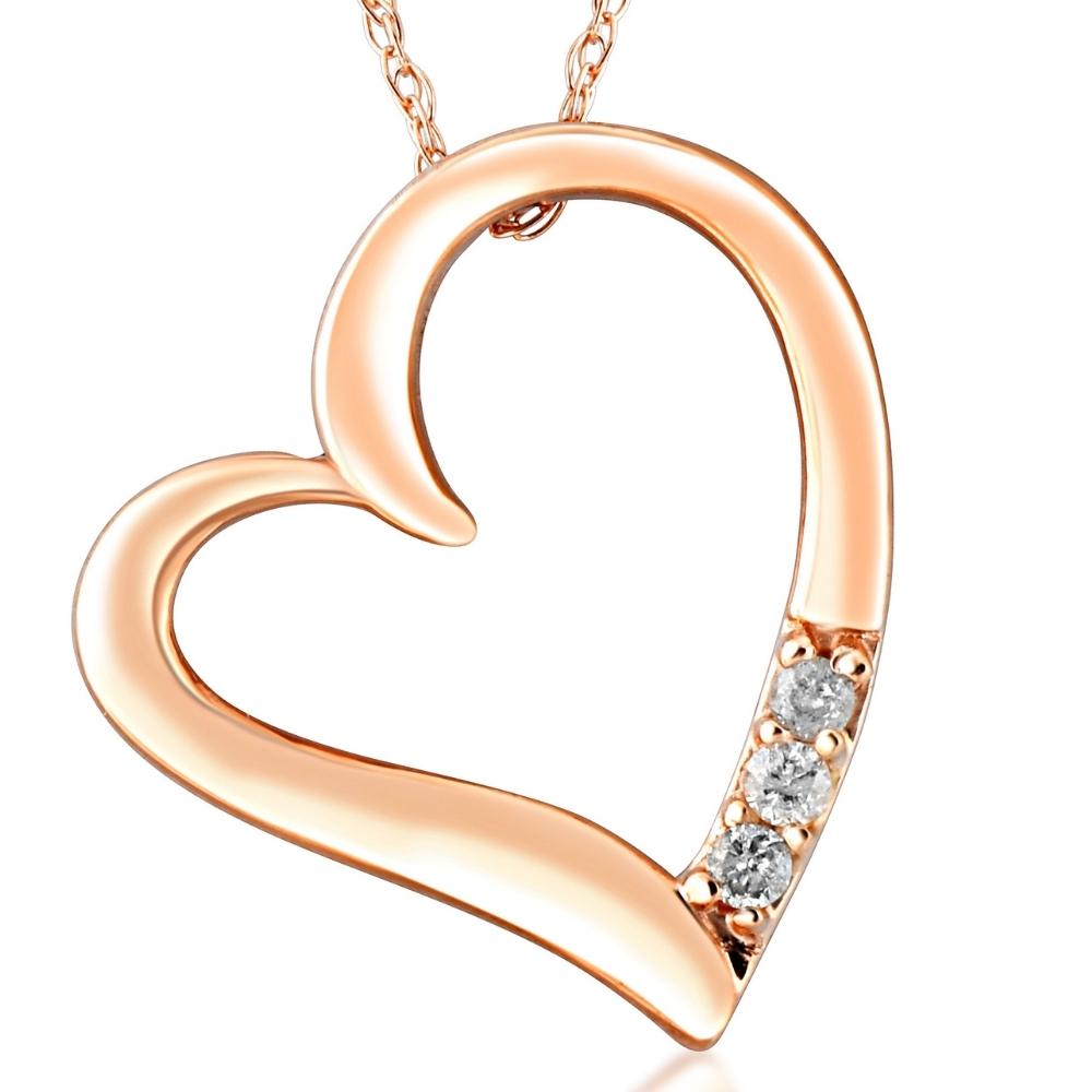 2007 Diamond Heart Pendant Necklace 18" 3 Stone 10K Rose Gold