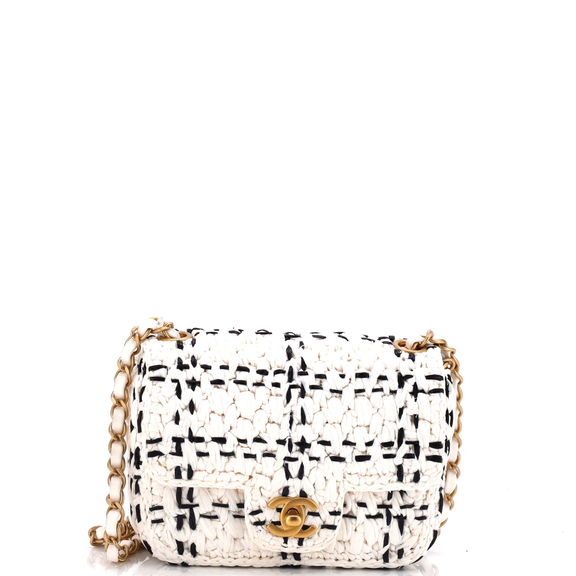 2860 CC Chain Flap Bag Tweed Effect Braided Raffia Mini