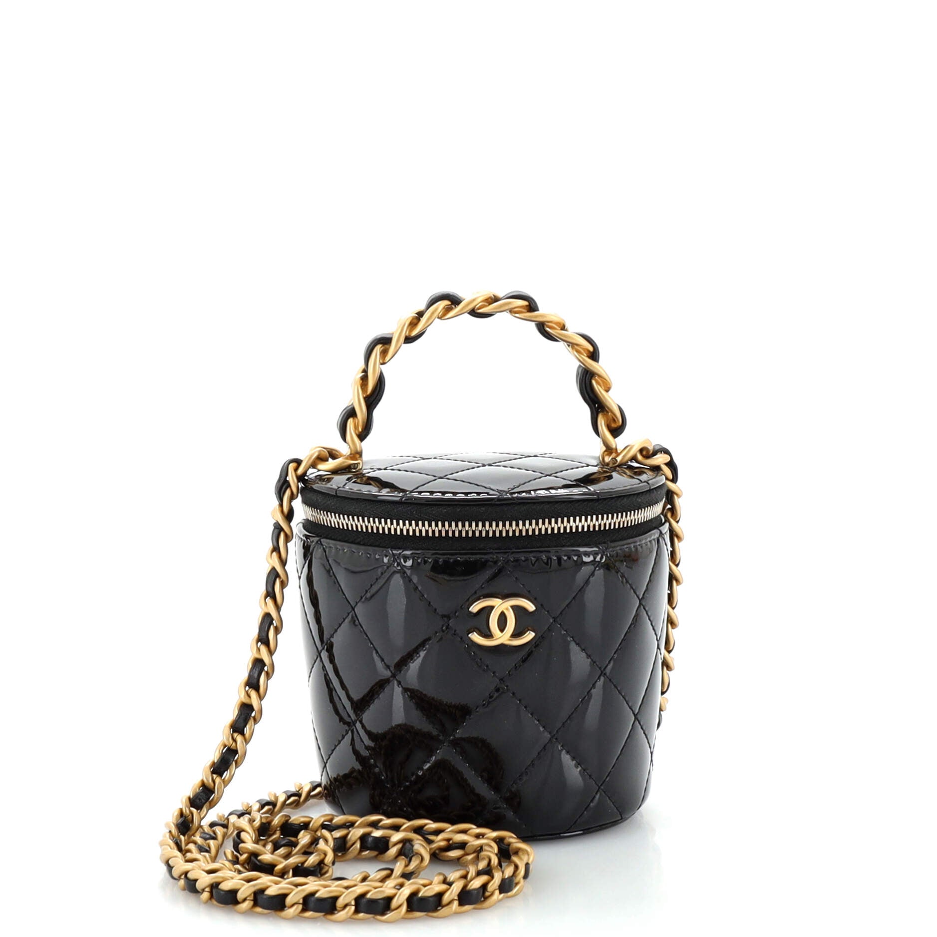 2860 Woven Chain Top Handle Vanity Bucket Bag Quilted Patent