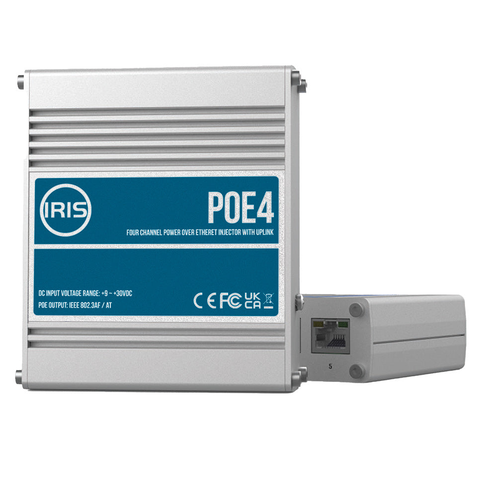 IRIS INNOVATIONS Iris Four Channel Uplink Power Over Ethernet Switch   IEEE802.3af 3at Compliant   9 30VDC Input   48VDC Output [POE4V2]