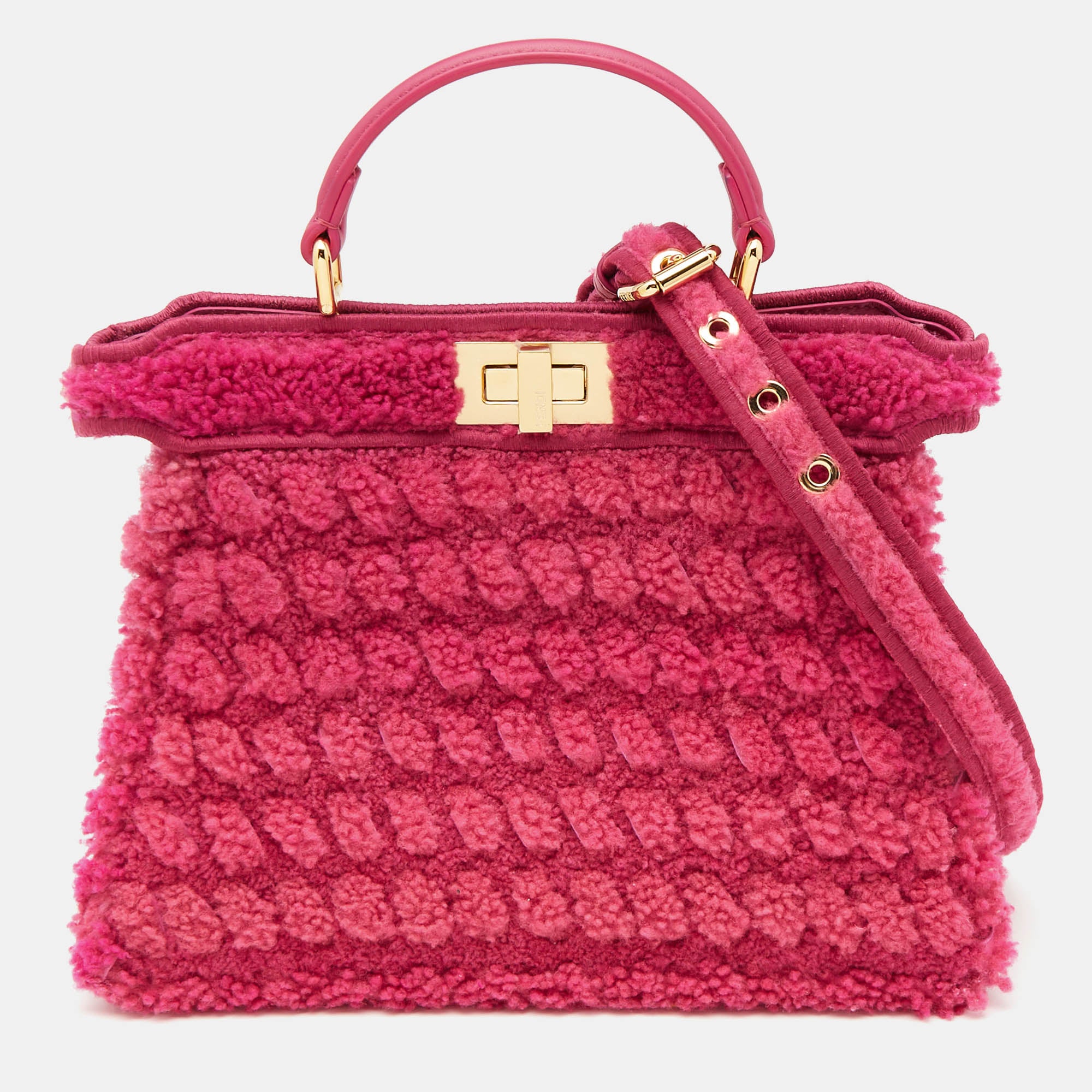 2613 Fendi Pink Shearling And Leather Small Peekaboo Iseeu Top Handle Bag