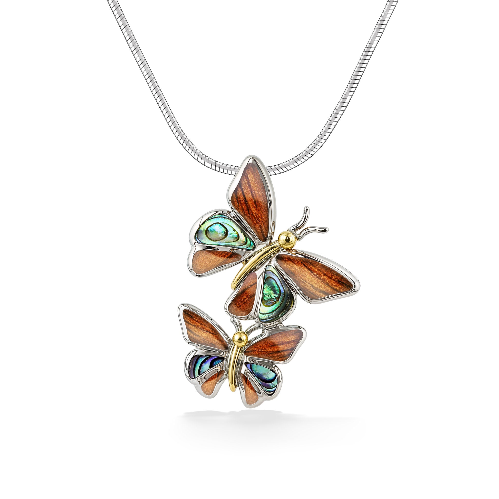 NA HOKU Double Butterfly Pendant with Abalone and Koa Wood