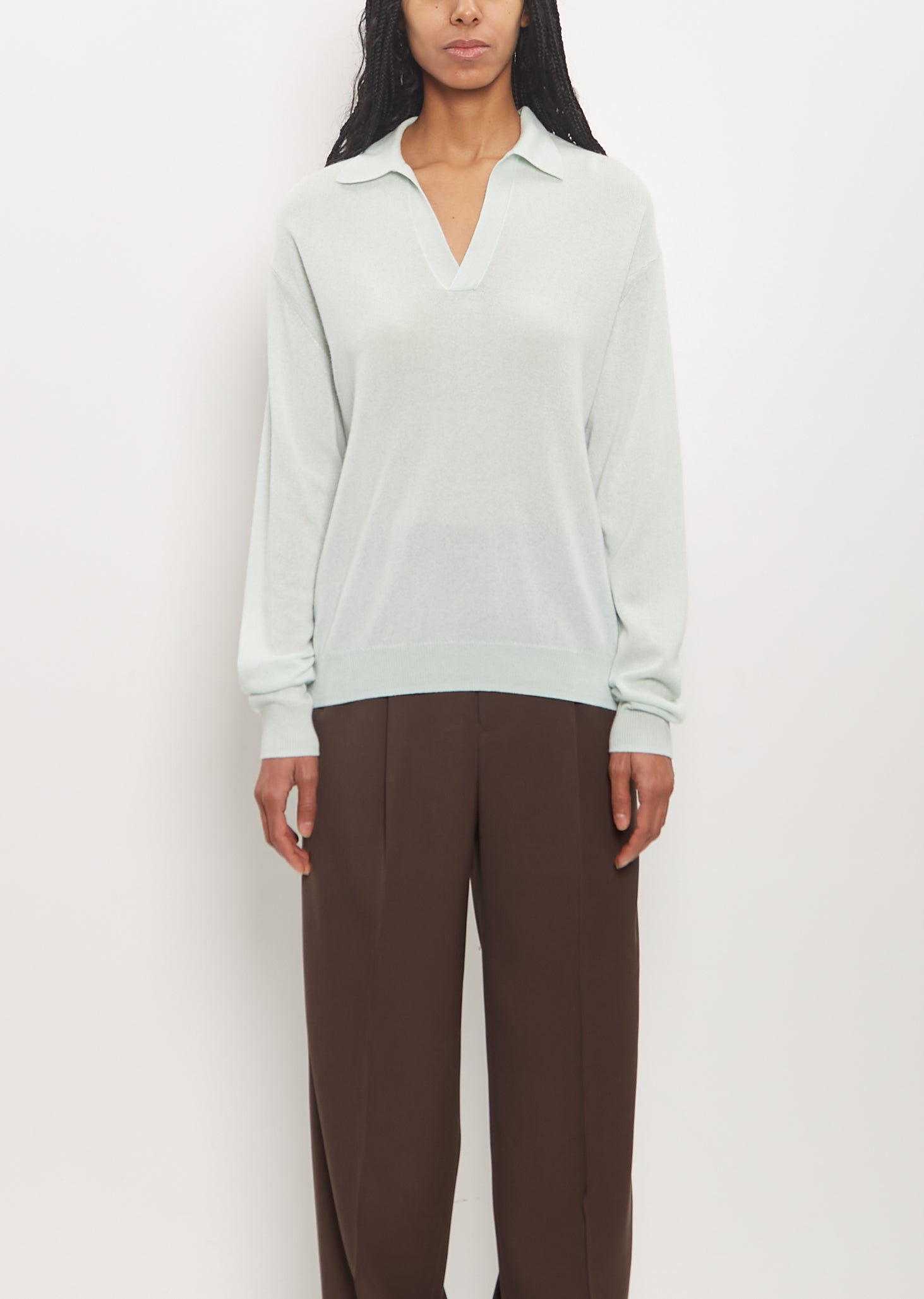 AURALEE Super Fine Cashmere Silk Knit Skipper Polo — White Green