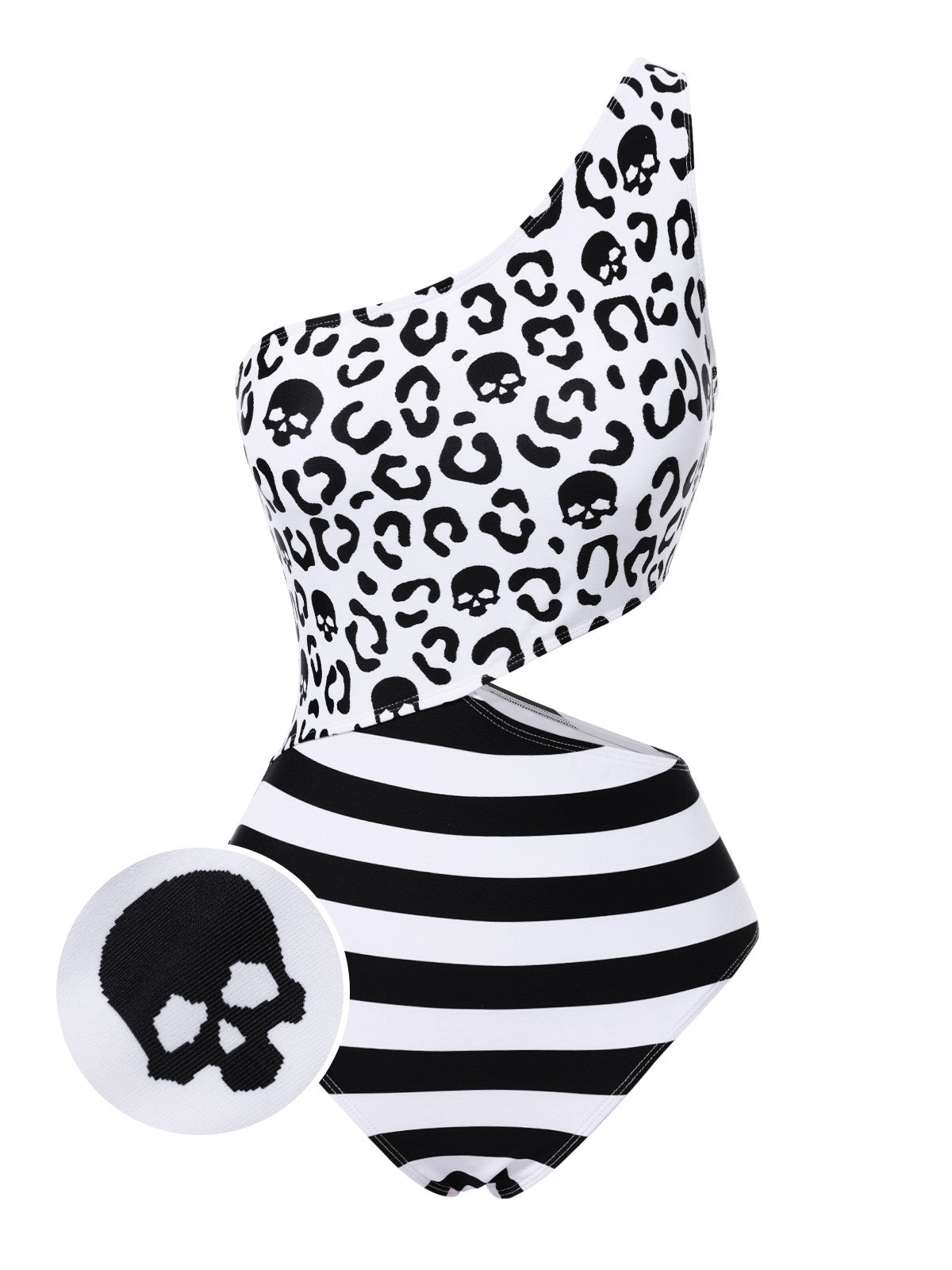 RETRO STAGE [Pre Sale] Black 1980s One Shoulder Hollow Skull Stripe Swimsuit