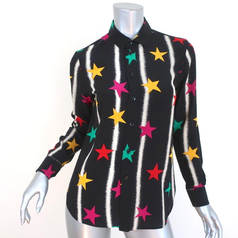 MAY ZIMAN Saint Laurent Blouse Black Star Spray Paint Print Silk Size 36 Long Sleeve Shirt