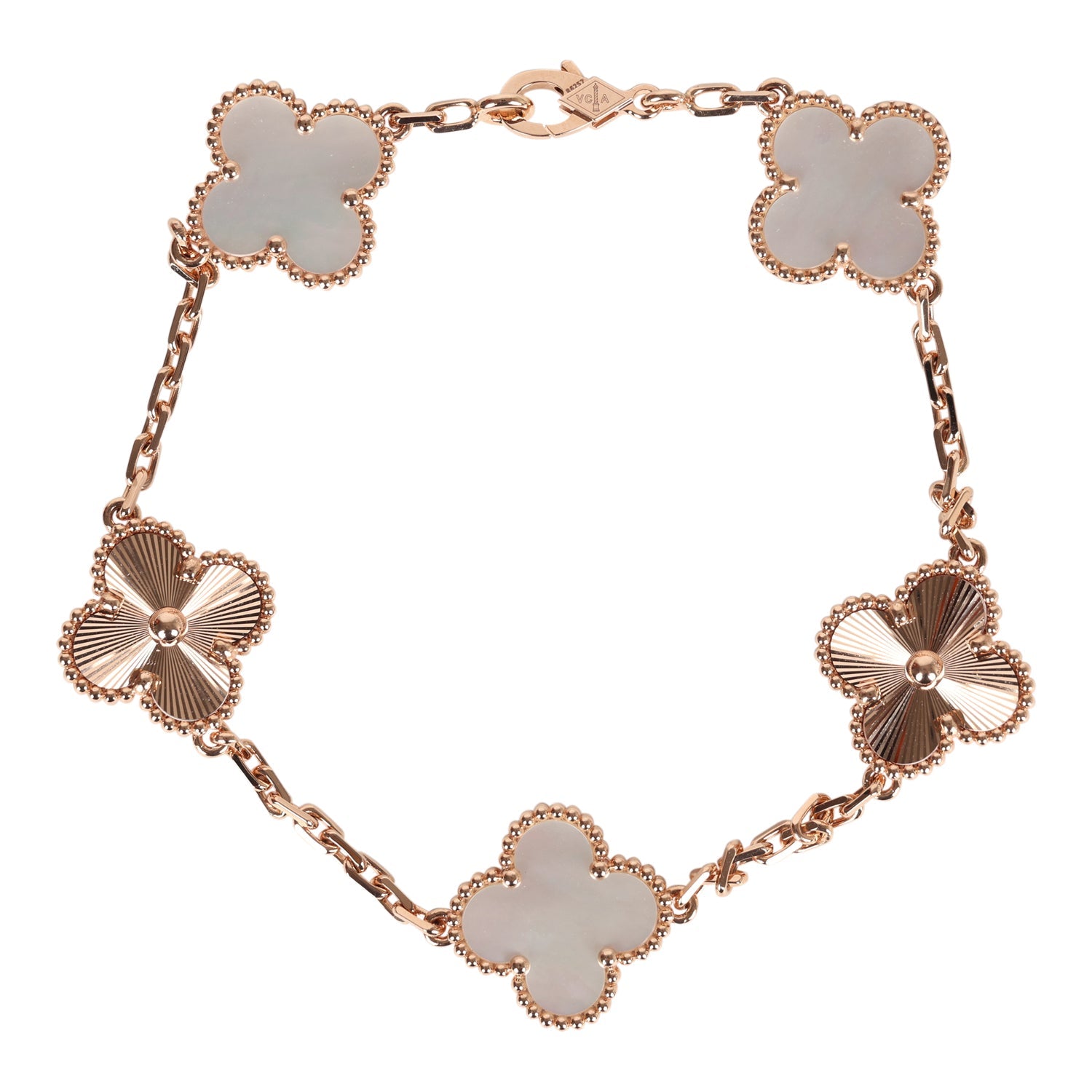 VCA Van Cleef & Arpels Limited Edition Seoul Maison Vintage Alhambra 5 Motif Bracelet White Mother of Pearl & 18K Rose Gold Hardware
