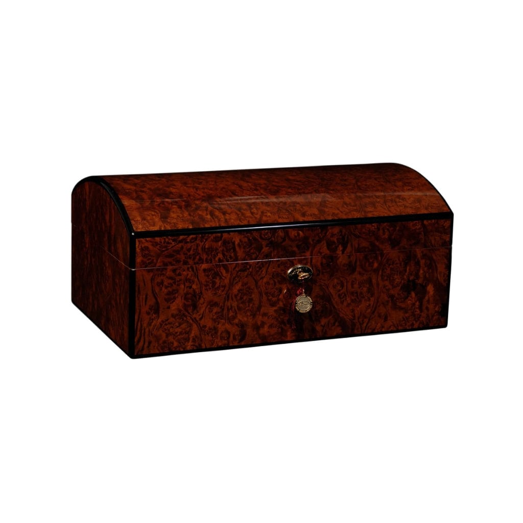Daniel Marshall 150 Humidor Treasure Chest Limited Edition in Burl Private Stock 150 Cigar Capacity 24kt Gold Plated Hinges & Locks Spanish Cedar Interior