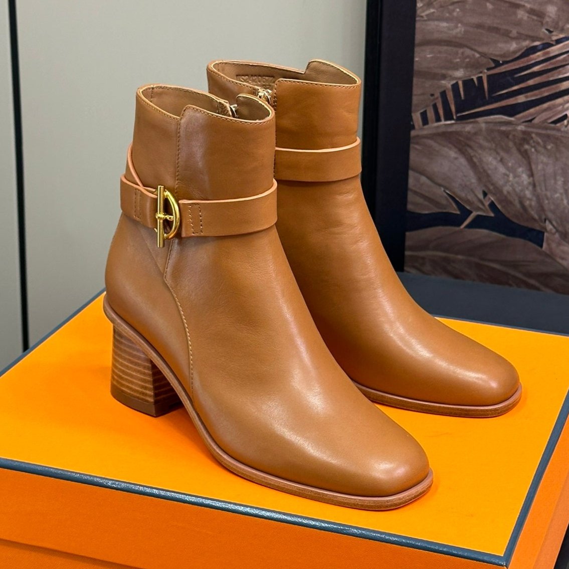 HERMES SHOE JILL 60 ANKLE BOOT IN BRONZE BROWN CALFSKIN