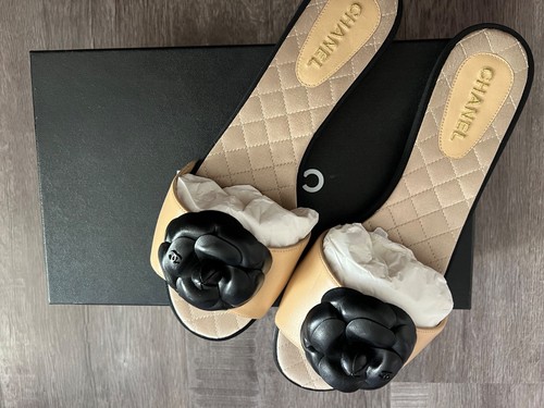 Chanel Black Leather Flower Appliqué Slides Flats