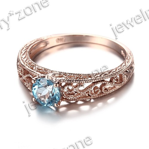 Vintage Jewelry Milgrain Genuine Swiss Blue Topaz 18k Rose Gold Unique Fine Ring