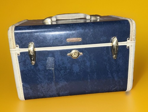 Vintage Samsonite Schwayder Train Luggage 4712 Makeup Travel Case Blue White Vtg