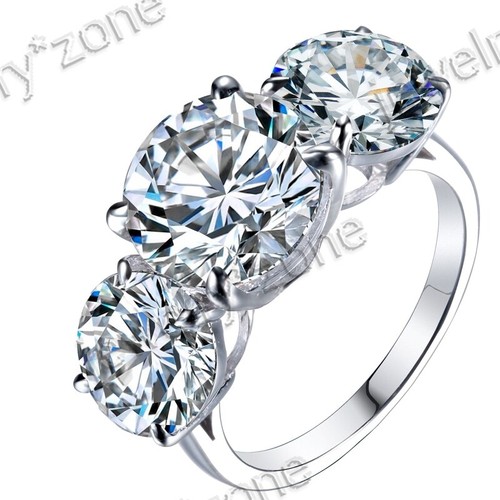 Flawless Three Stones Cubic Zirconia 14.23ct 10k White Gold Ring Fine Jewelry