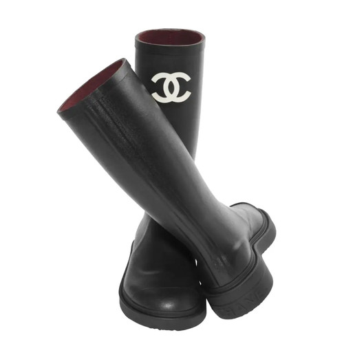 Chanel REV Black White Caoutchouc CC Logo High Pull On Rubber Rain Boots 40