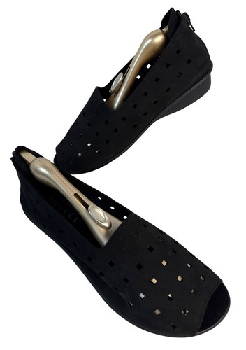 Sesto Meucci Evonne Soft Black Nubuck Moccasin Slip On Peep Toe Sandals Sz 12 M