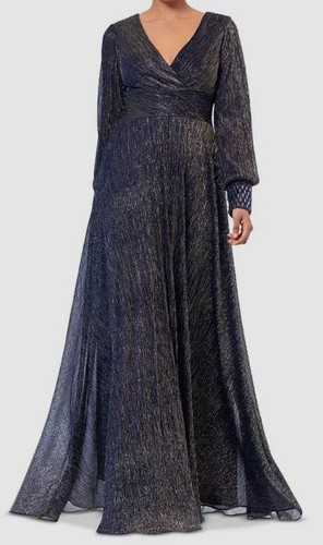 Betsy & Adam Women's Blue Galaxy Metallic V Neck Gown Dress Size 8