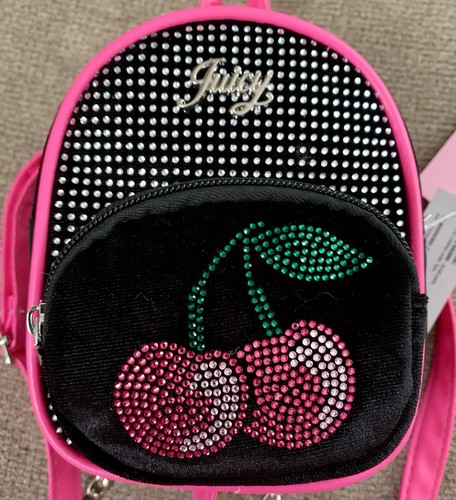 JUICY COUTURE Crystal Cherries Micro Backpack Black Cherry Pink Blinged Out Y2K