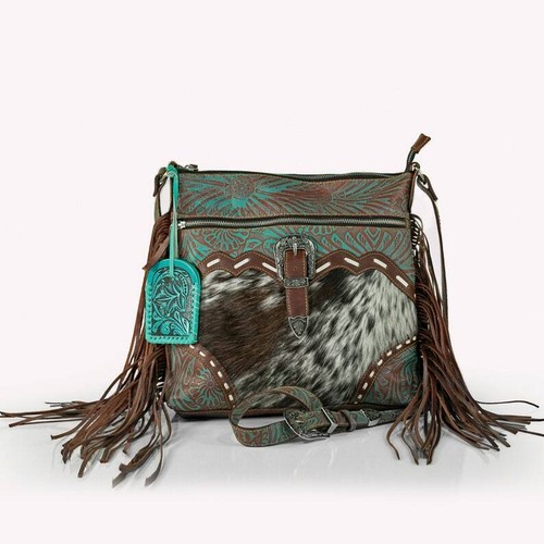 PULL & BEAR Genuine Cowhide Leather Crossbody Shoulder Bag   Hand Tooled  Tassel Detail