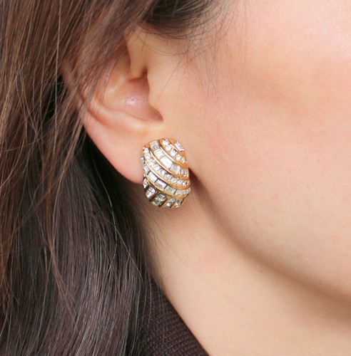 Vintage Christian Dior Paved Rhinestone Shrimp Hoop G Tone Clip On Earrings