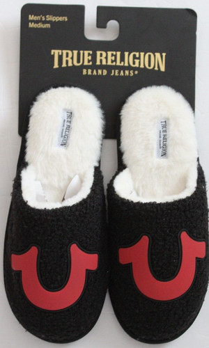 BRANDBLACK New TRUE RELIGION Sherpa slip on Slippers Mens Black Red Pile Logo Size XL 13