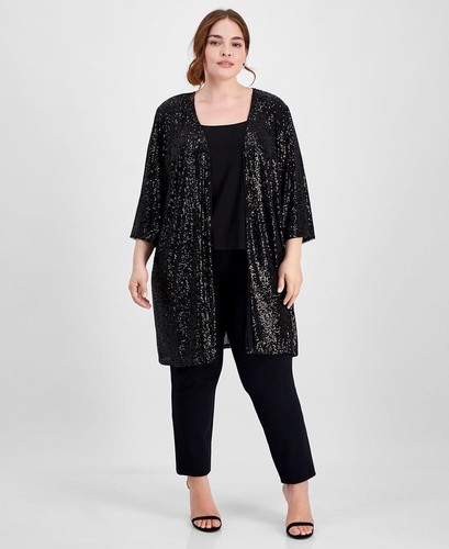 Alex Evenings Plus Size Collarless Open Front Sequin Jacket Black Size 3X