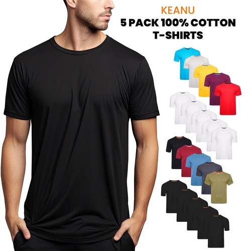 ESSENTIALS Keanu Mens 5 Pack Plain Crew T Shirts 100% Cotton Everyday Summer Colours